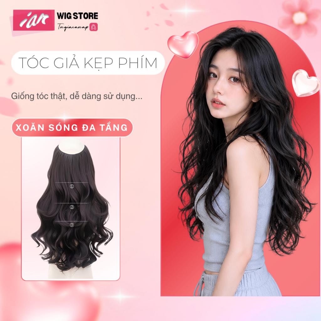 Tóc giả kẹp chữ U kẹp dải xoăn dài sợi tơ cao cấp tiện dụng
