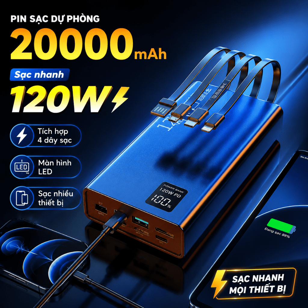 Pin Sạc Dự Phòng 20000mAh 120W Có Dây Sạc Liền｜Màn Hình LED｜Nhiều Cổng Sạc｜Type-C