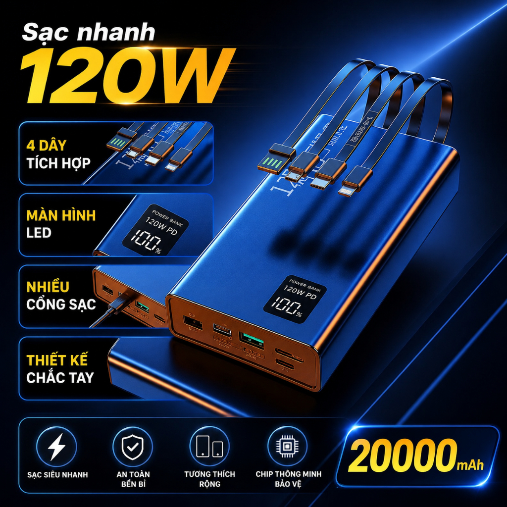 Pin Sạc Dự Phòng 20000mAh 120W Có Dây Sạc Liền｜Màn Hình LED｜Nhiều Cổng Sạc｜Type-C