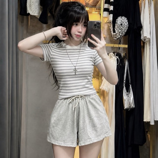 Set bộ áo bbt kẻ sọc cọc tay XÁM mix quần đùi da cá
