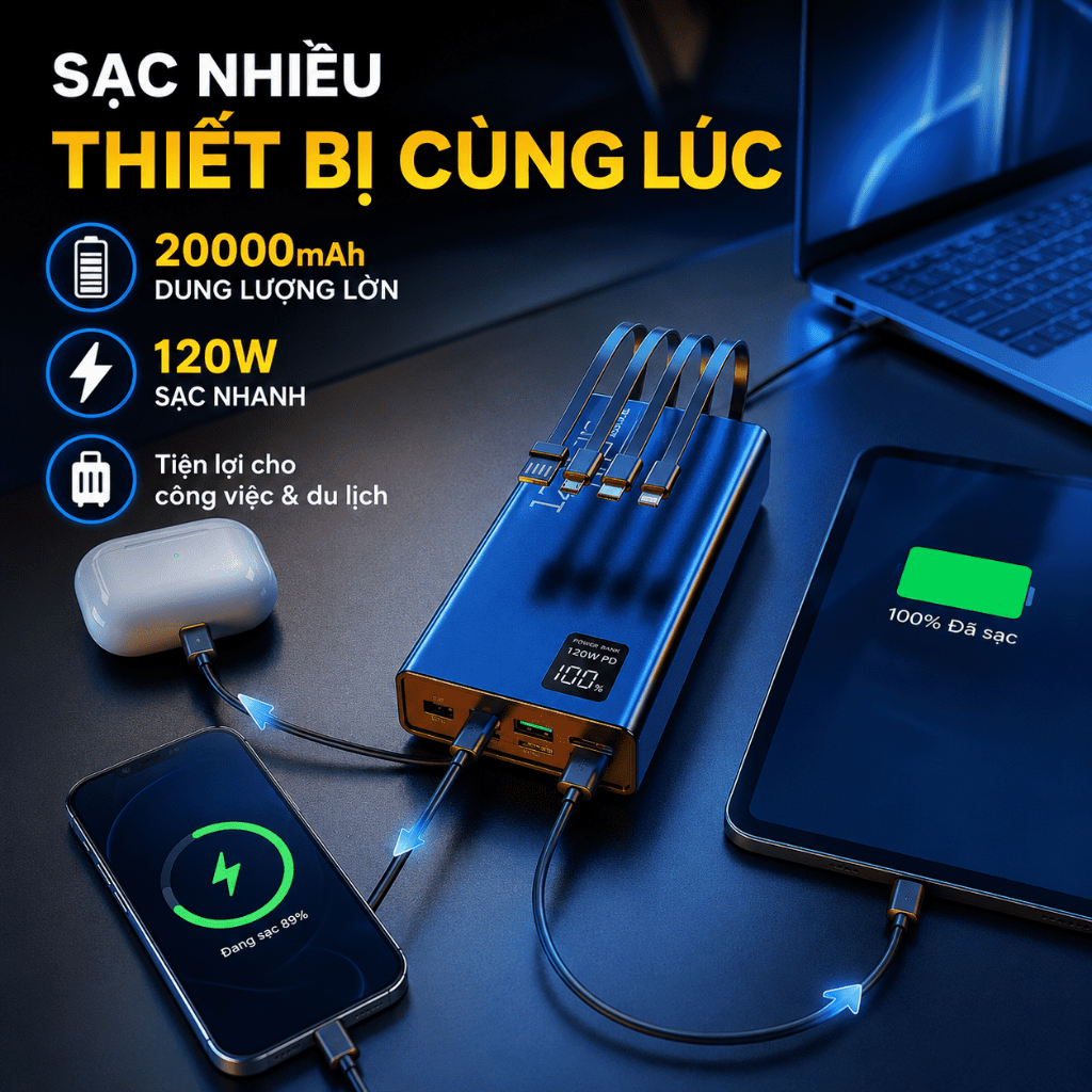 Pin Sạc Dự Phòng 20000mAh 120W Có Dây Sạc Liền｜Màn Hình LED｜Nhiều Cổng Sạc｜Type-C