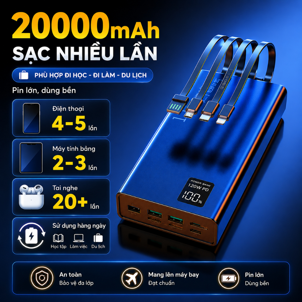 Pin Sạc Dự Phòng 20000mAh 120W Có Dây Sạc Liền｜Màn Hình LED｜Nhiều Cổng Sạc｜Type-C