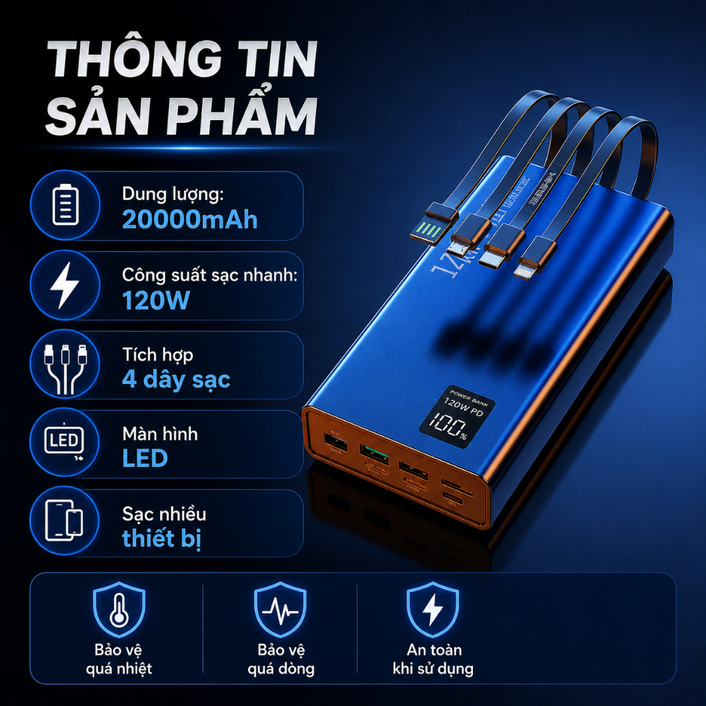 Pin Sạc Dự Phòng 20000mAh 120W Có Dây Sạc Liền｜Màn Hình LED｜Nhiều Cổng Sạc｜Type-C