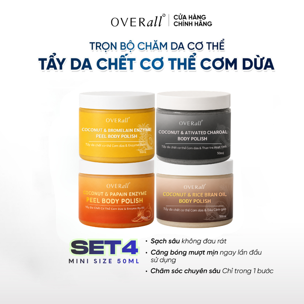 [TRAVEL SIZE 50g] Tẩy Da Chết Cơ thể Cho da Mụn da Khô Nhạy cảm Cơm Dừa Enzyme Sinh học OVERall