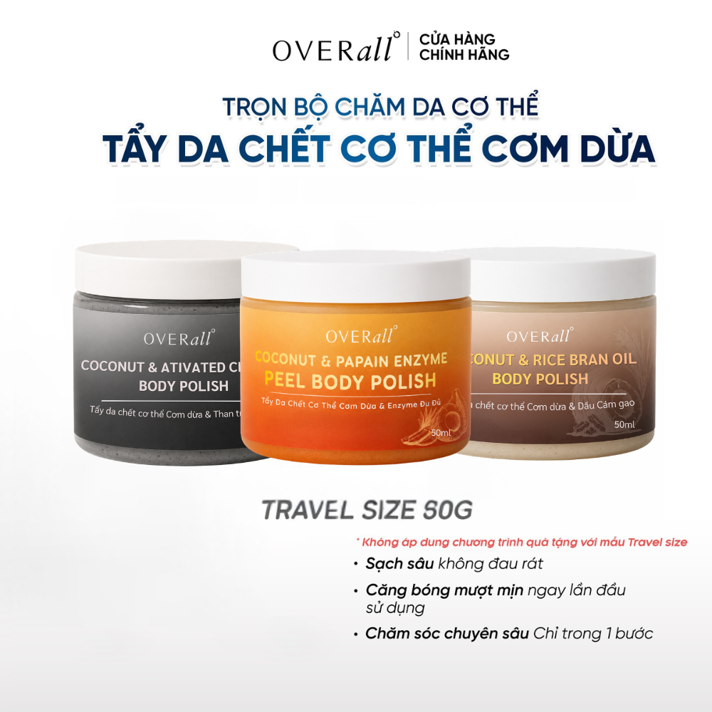[TRAVEL SIZE 50g] Tẩy Da Chết Cơ thể Cho da Mụn da Khô Nhạy cảm Cơm Dừa Enzyme Sinh học OVERall