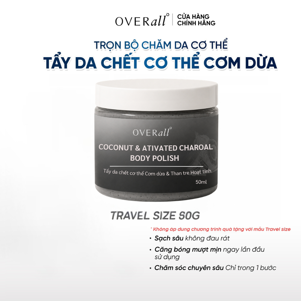 [TRAVEL SIZE 50g] Tẩy Da Chết Cơ thể Cho da Mụn da Khô Nhạy cảm Cơm Dừa Enzyme Sinh học OVERall