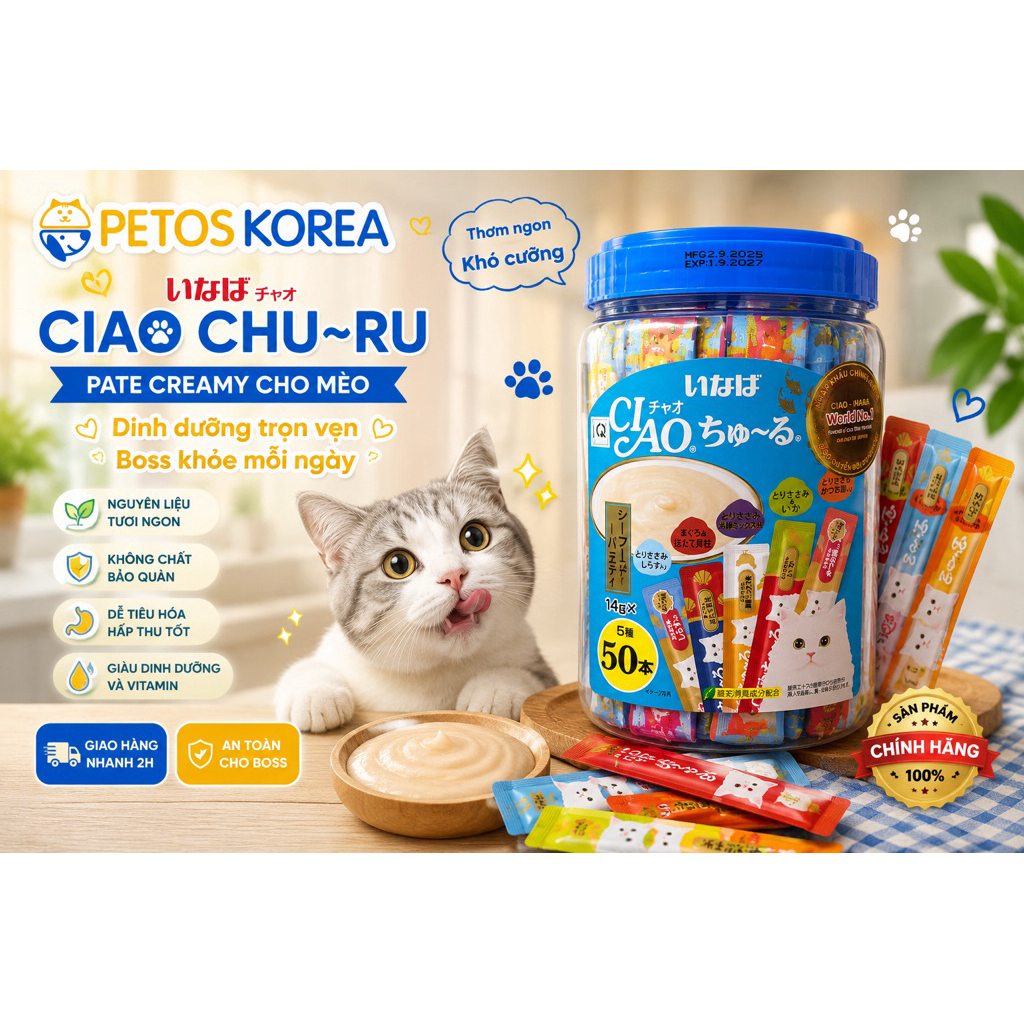 Súp thưởng CIAO Churu hộp 50 thanh cho mèo mọi lứa tuổi bổ sung dinh dưỡng kích thích thèm ăn