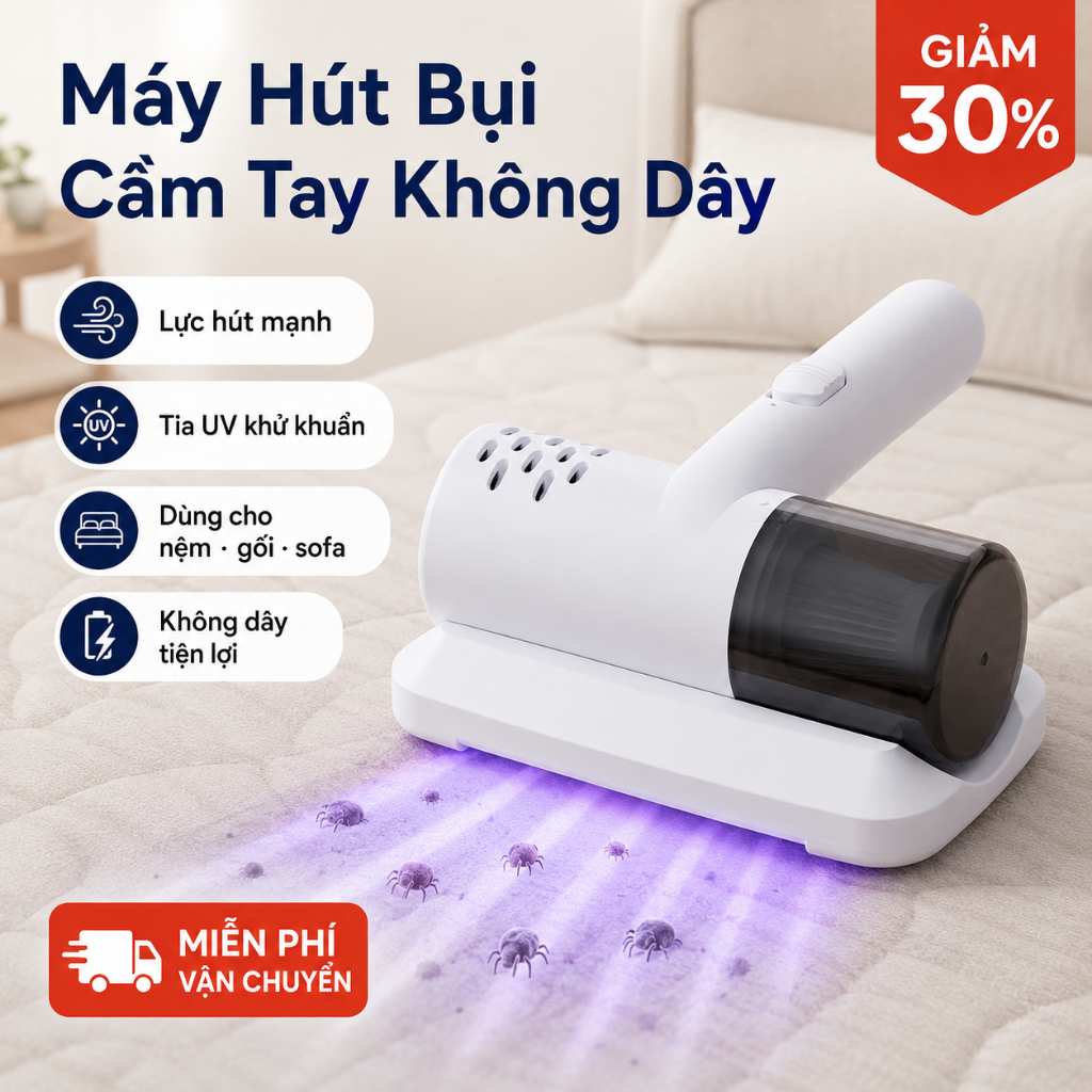 Máy Hút Bụi, Hút Ve Sinh Không Dây, Lực Hút Mạnh, Tia UV Khử Khuẩn, Dành Cho Nệm Gối Sofa