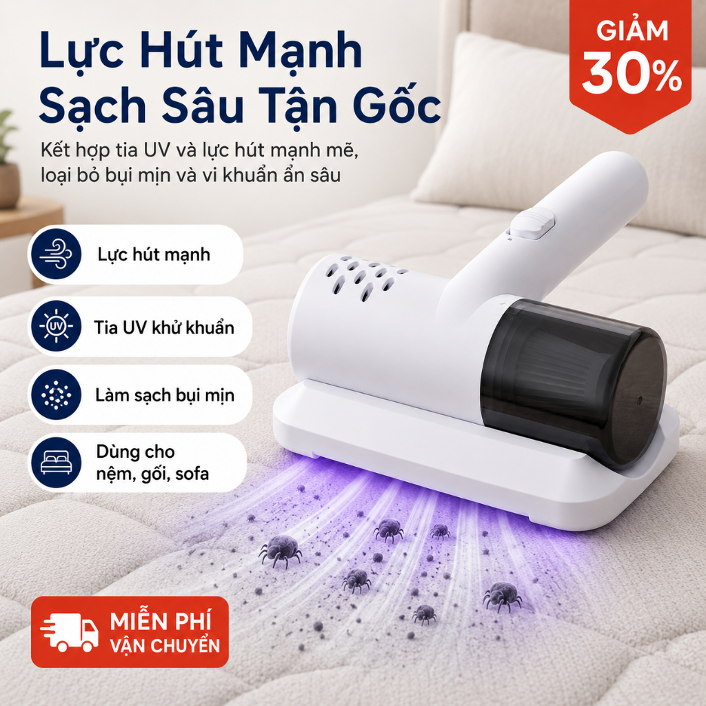 Máy Hút Bụi, Hút Ve Sinh Không Dây, Lực Hút Mạnh, Tia UV Khử Khuẩn, Dành Cho Nệm Gối Sofa