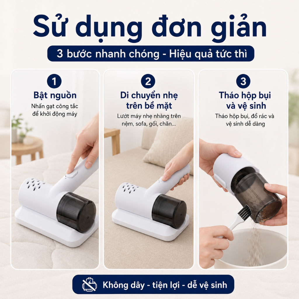 Máy Hút Bụi, Hút Ve Sinh Không Dây, Lực Hút Mạnh, Tia UV Khử Khuẩn, Dành Cho Nệm Gối Sofa