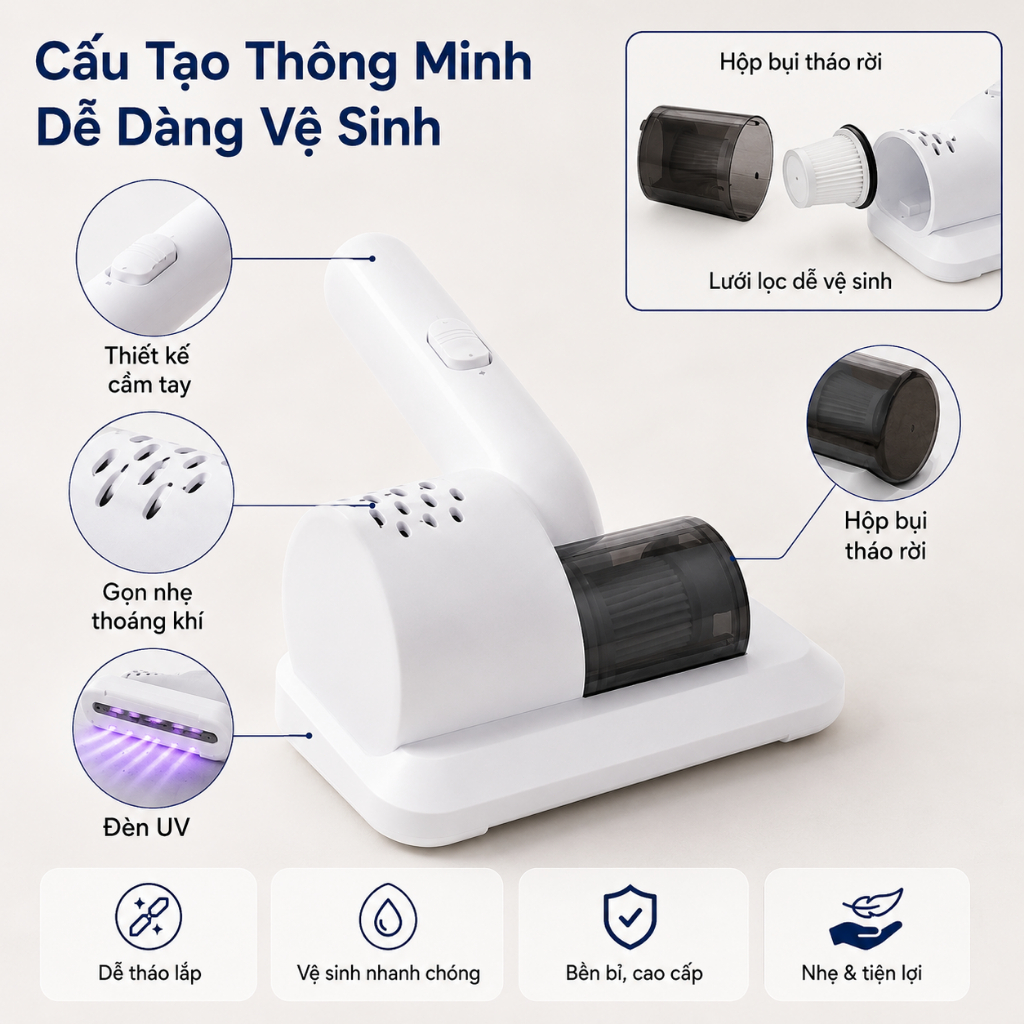 Máy Hút Bụi, Hút Ve Sinh Không Dây, Lực Hút Mạnh, Tia UV Khử Khuẩn, Dành Cho Nệm Gối Sofa