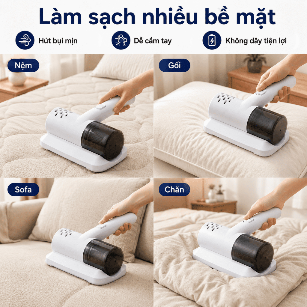 Máy Hút Bụi, Hút Ve Sinh Không Dây, Lực Hút Mạnh, Tia UV Khử Khuẩn, Dành Cho Nệm Gối Sofa