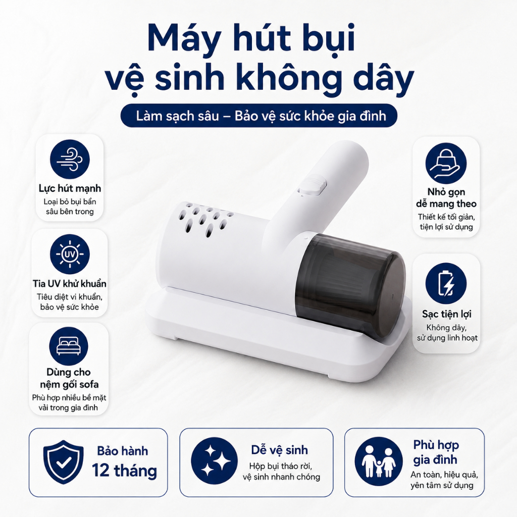 Máy Hút Bụi, Hút Ve Sinh Không Dây, Lực Hút Mạnh, Tia UV Khử Khuẩn, Dành Cho Nệm Gối Sofa