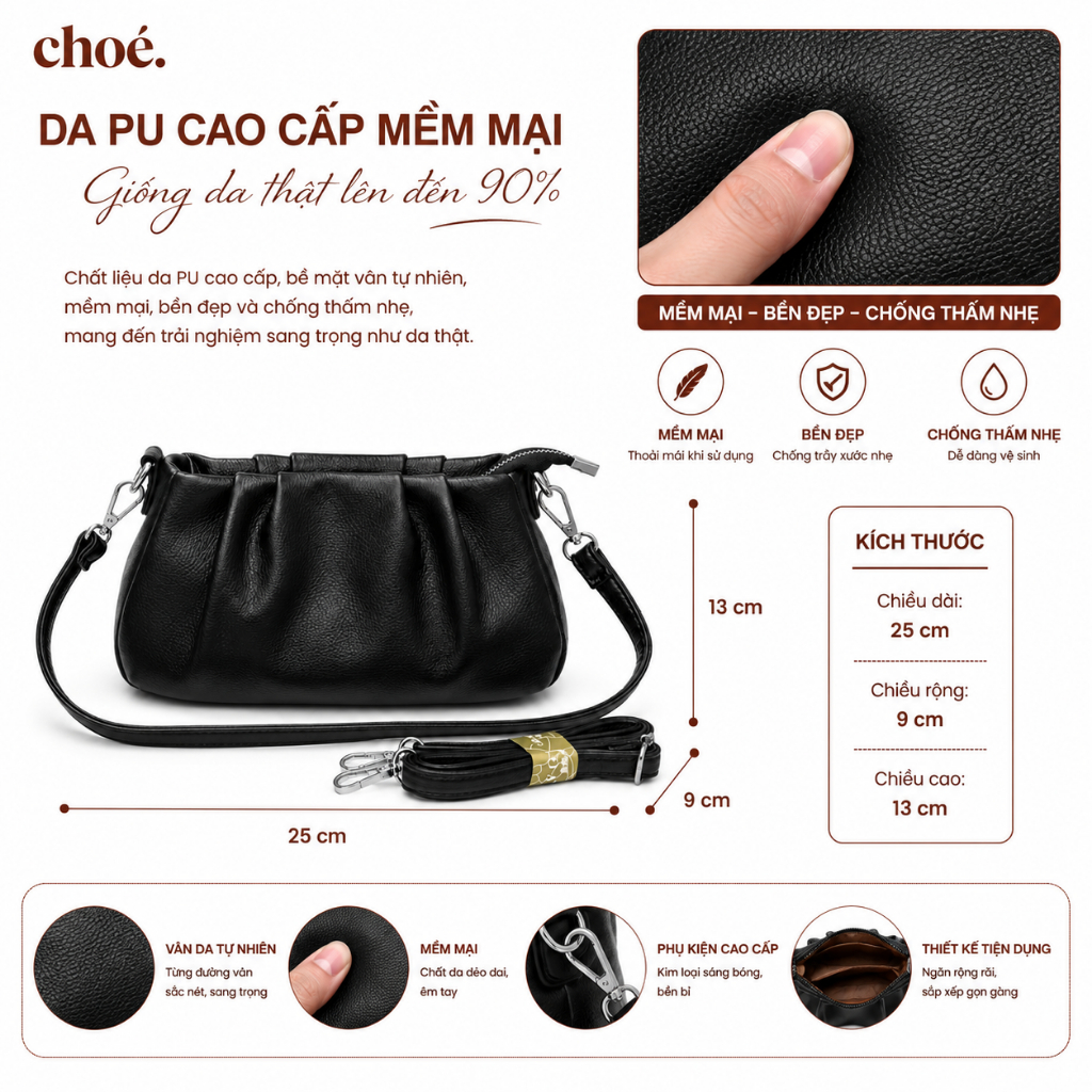 [VOUCHER 60K MỞ BÁN] Túi Kẹp Nách Da PU Cao Cấp CHOÉ Túi Xách Nữ Đeo Vai Đeo Chéo Thanh Lịch Kèm 2 Dây Thay Đổi 3916