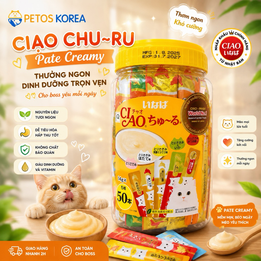 Súp thưởng CIAO Churu hộp 50 thanh cho mèo mọi lứa tuổi bổ sung dinh dưỡng kích thích thèm ăn