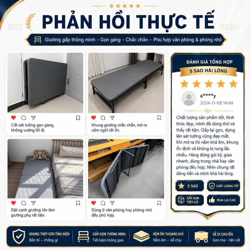 IRONPO Giường Xếp Văn Phòng Có Bánh Xe Dễ Di Chuyển Có Đệm Êm Khung Thép Chắc Chắn