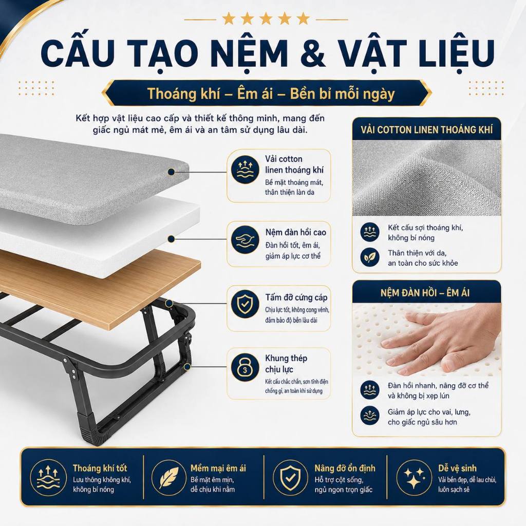 IRONPO Giường Xếp Văn Phòng Có Bánh Xe Dễ Di Chuyển Có Đệm Êm Khung Thép Chắc Chắn