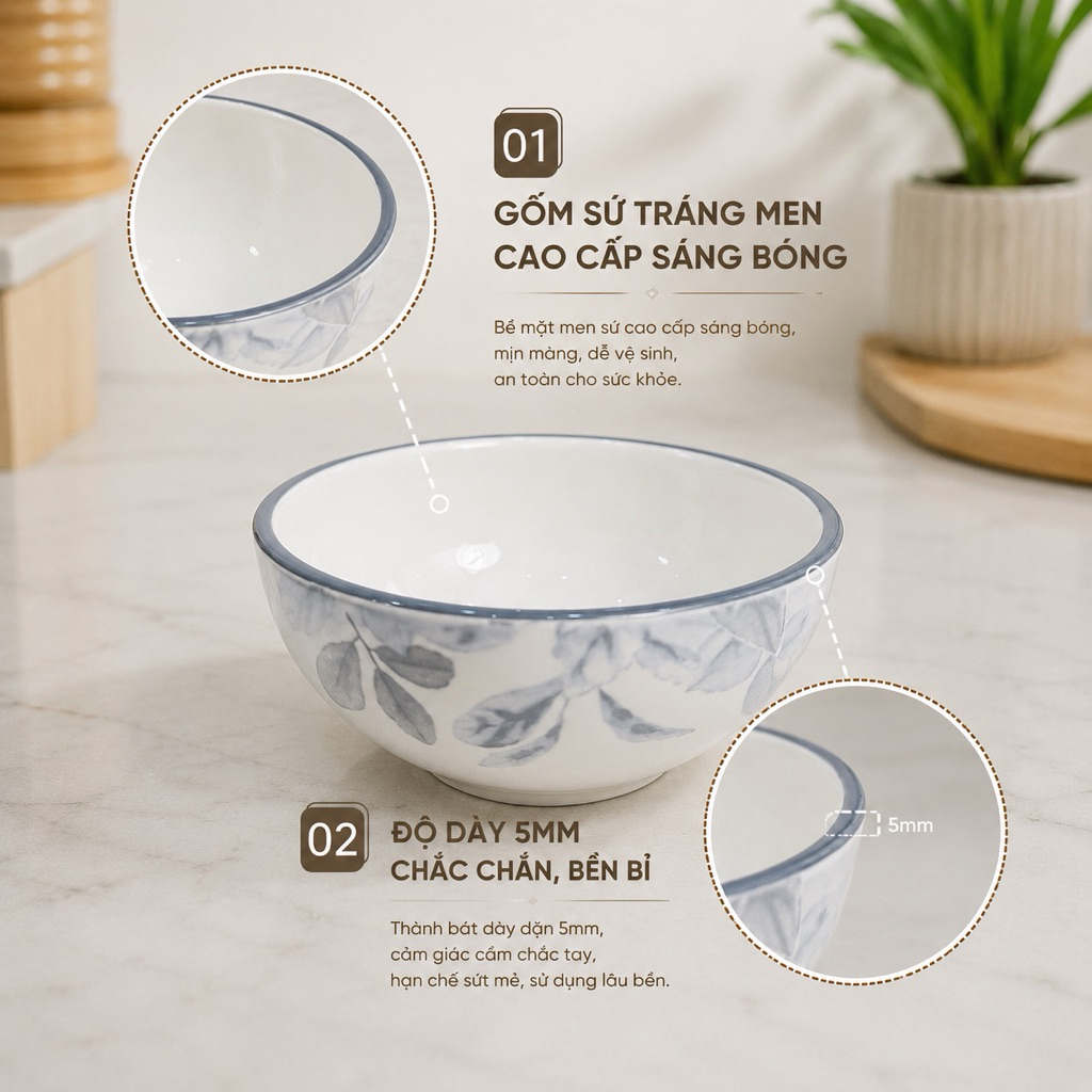 (Sứ Cao Cấp) Bộ bát hoạ tiết Hoa Diệp Hồng Gốm Sứ Cao Cấp 30 chi tiết