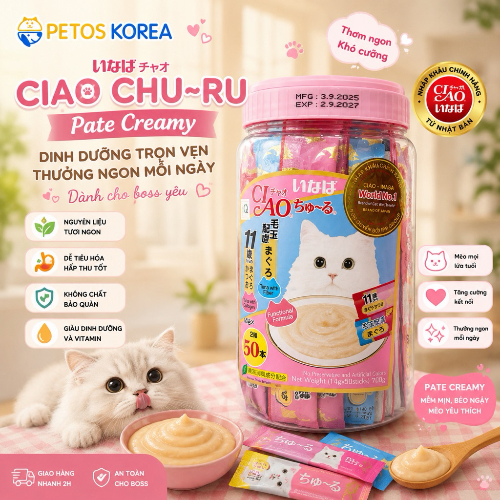 Súp thưởng CIAO Churu hộp 50 thanh cho mèo mọi lứa tuổi bổ sung dinh dưỡng kích thích thèm ăn