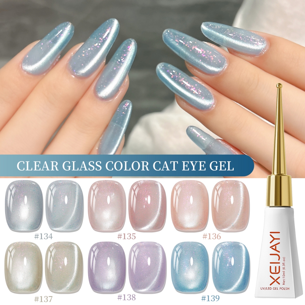 XEIJAYI 10ml - Sơn móng tay gel mắt mèo hạt thủy tinh màu hồng nhạt, bộ 6 màu, thích hợp cho các tiệm làm móng.