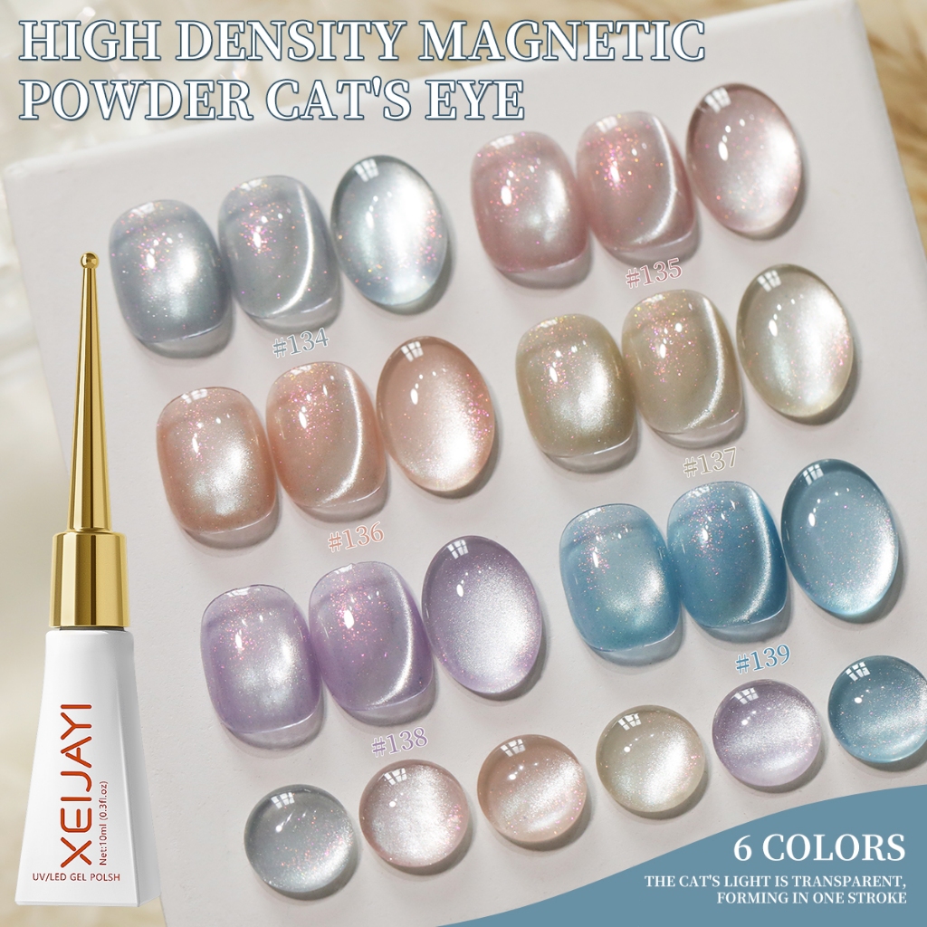 XEIJAYI 10ml - Sơn móng tay gel mắt mèo hạt thủy tinh màu hồng nhạt, bộ 6 màu, thích hợp cho các tiệm làm móng.