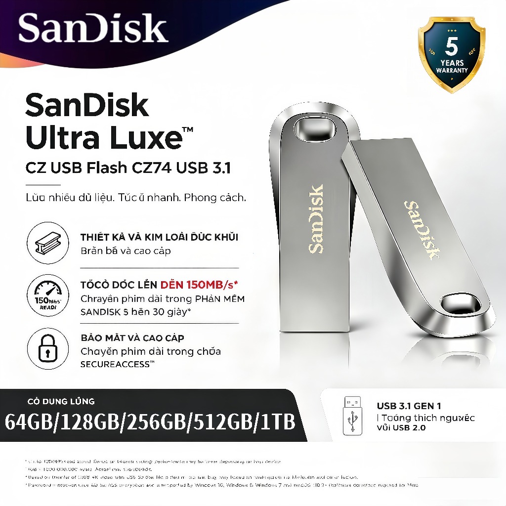 SanDisk Đầu Flash USB 3.2 Phiên Bản Sang Trọng Cao Cấp Bảo hành 5 năm(64GB/128GB/256GB/512GB/1TB)