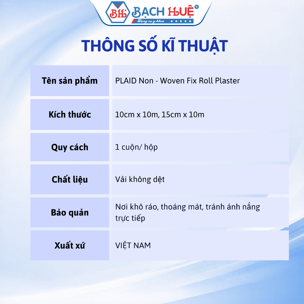 Băng Keo Fix- Roll Y Tế Vải Không Dệt PLAID– Băng Dính Cố Định Cuộn Co Giãn Thoáng Khí Cỡ 10cmx10m/15cmx10m