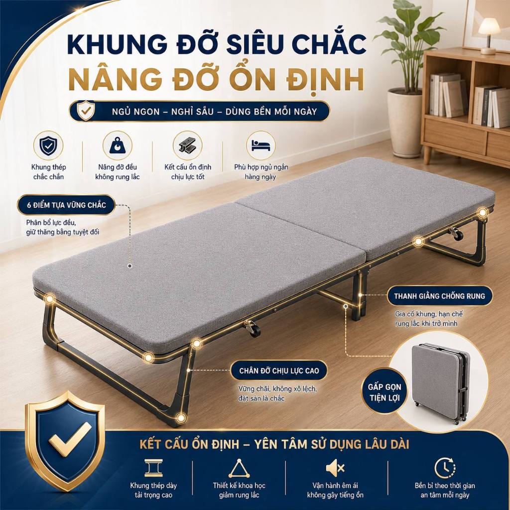 IRONPO Giường Xếp Văn Phòng Có Bánh Xe Dễ Di Chuyển Có Đệm Êm Khung Thép Chắc Chắn