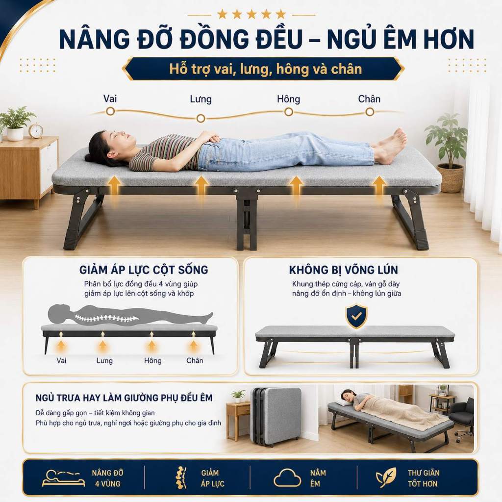 IRONPO Giường Xếp Văn Phòng Có Bánh Xe Dễ Di Chuyển Có Đệm Êm Khung Thép Chắc Chắn