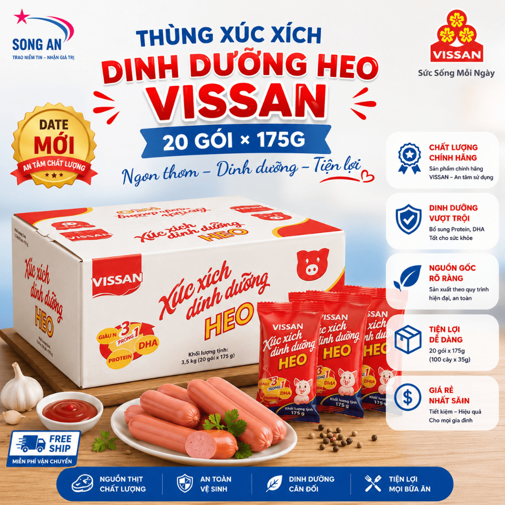 Thùng Xúc Xích Dinh Dưỡng Heo Vissan 20 Gói x 175g (100 Cây 35g) Chính Hãng Date Mới