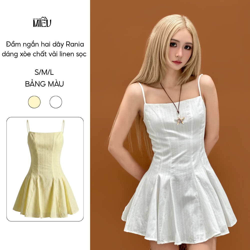 Đầm ngắn hai dây Rania Miều Est.2013 dáng xòe nữ tính chất vải linen sọc thoáng mát