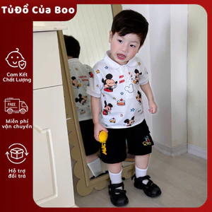 Bộ Đồ Bé Trai Mickey Cotton Mềm Mát,Áo Cổ Bẻ In Hình+Quần Short Kaki,Set Quần Áo Bé Trai 7-17kg A44