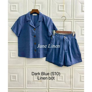 JUNE LINEN-S10. Bộ áo cổ danton mix short Linen bột.