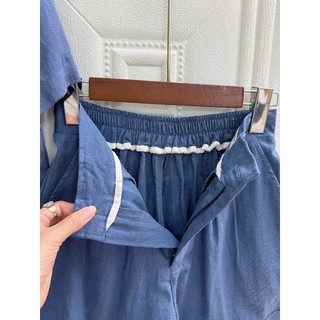 JUNE LINEN-S10. Bộ áo cổ danton mix short Linen bột.