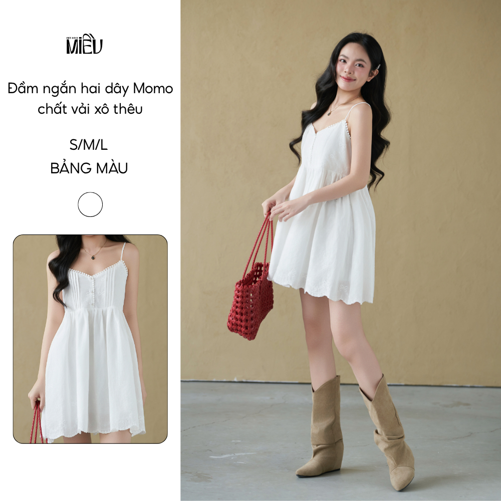 Đầm ngắn hai dây Momo Miều Est.2013 chất vải xô thêu thích hợp mùa hè