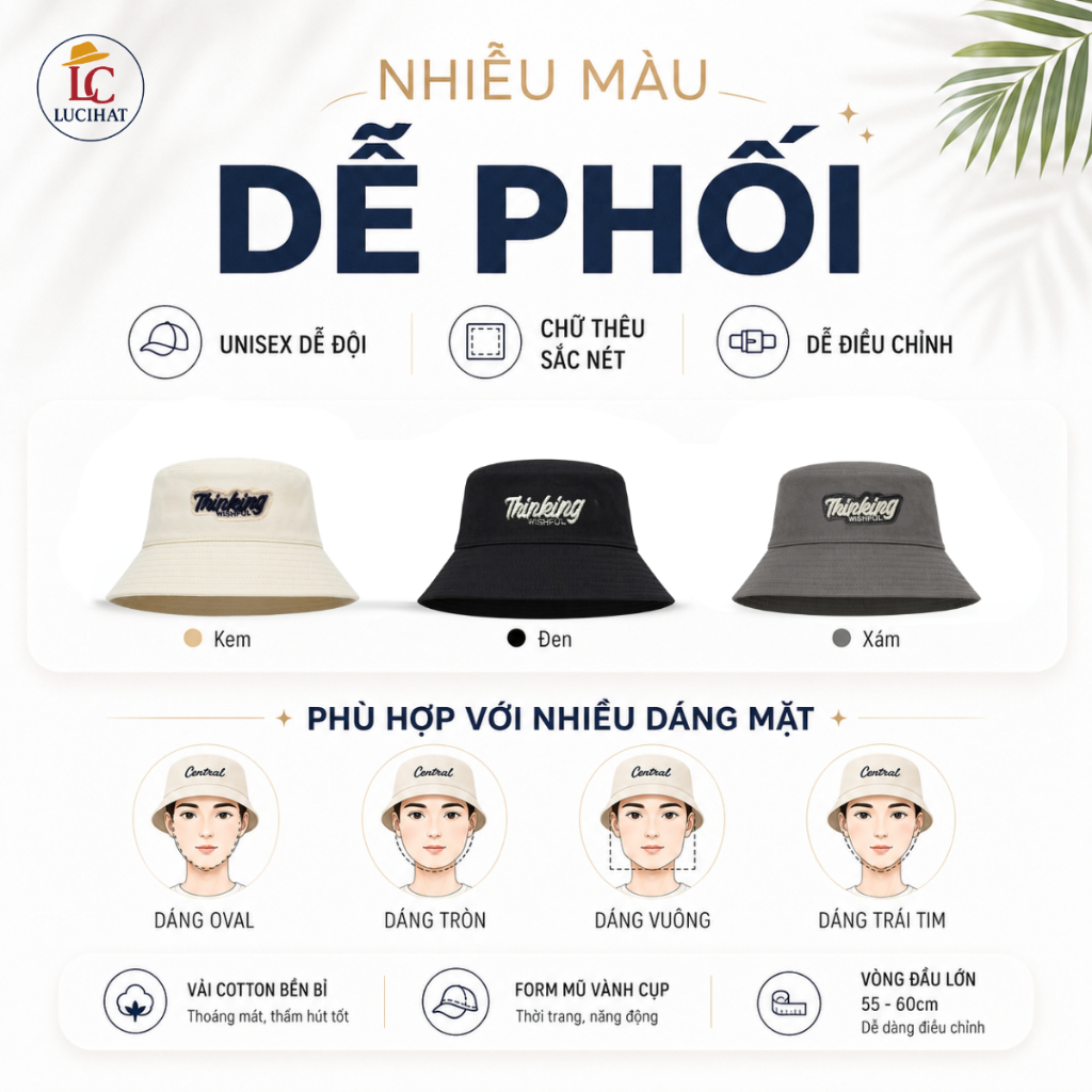Mũ Bucket Vành Cụp, Nó Tai Bèo Vành Rộng Thêu Chữ Thinking Chất Kaki Cao Cấp Form Unisex  Thời Trang Nam Nữ