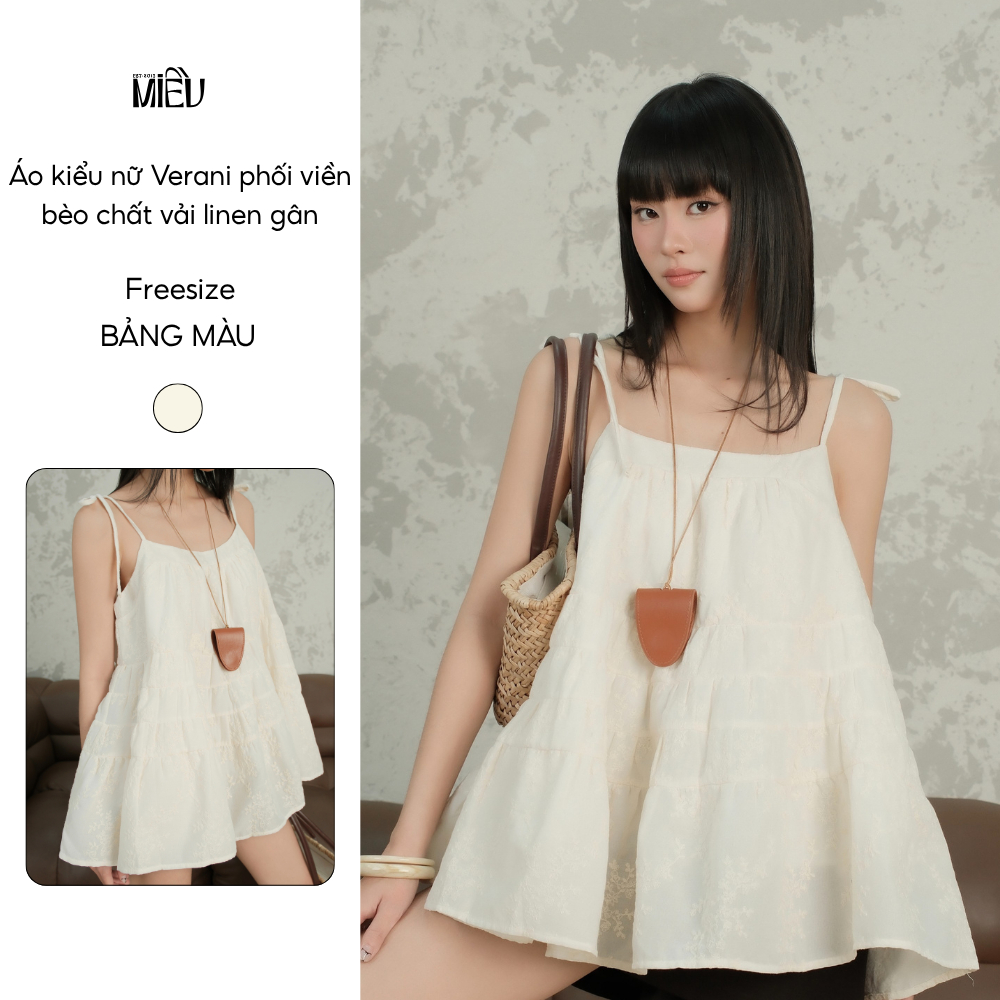 Áo hai dây nữ Ribi Miều Est.2013 babydoll nhiều tầng họa tiết thêu nổi màu kem sang chảnh