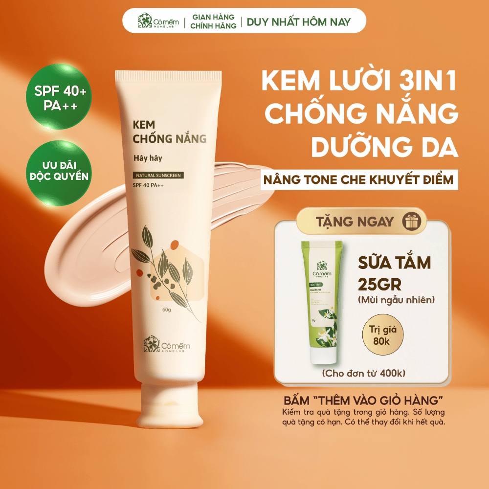 Kem Chống Nắng Mặt Nâng Tông Thấm Nhanh Hây Hây Cho Mọi Loại Da Khô Dầu Mụn SPF 40 PA ++ Cỏ Mềm 60g