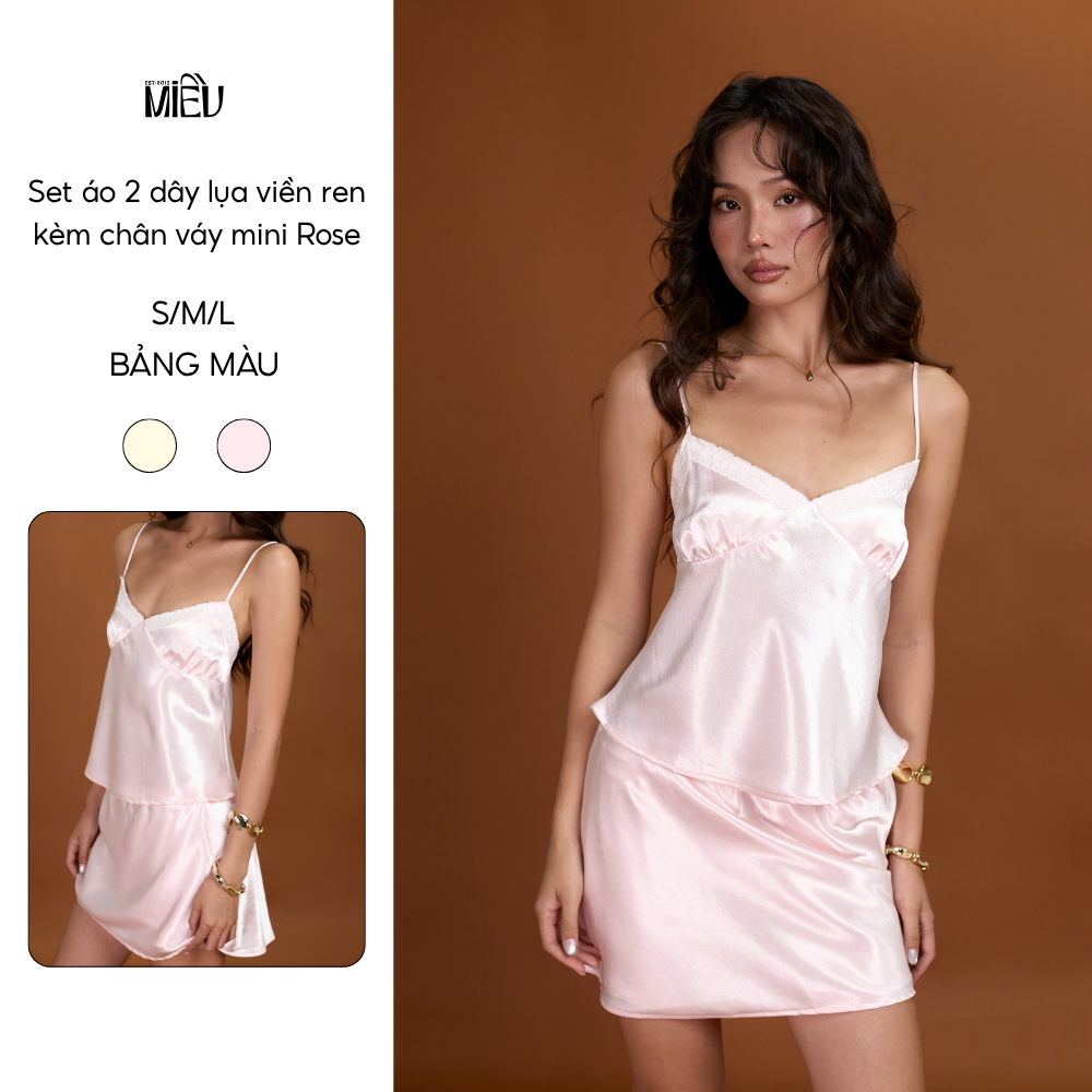 Set áo 2 dây lụa viền ren kèm chân váy mini Rose Miều Est.2013 chất lụa dây mảnh viền ren nữ tính