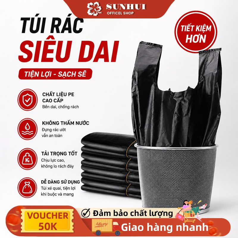 Gói 2kg, Túi Rác Đen PE Siêu Dai Có Quai Xách – Chống Rách, Chống Thấm Nước, Dày Dặn, Tiện Lợi Cho Gia Đình & Văn Phòng