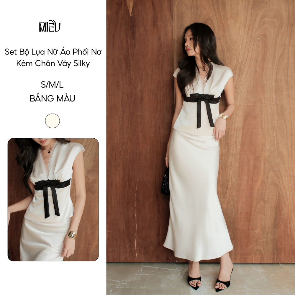 Set Bộ Lụa Nữ Áo Phối Nơ Kèm Chân Váy Silky Miều Est.2013 Dự Tiệc Sang Trọng Phối Nơ