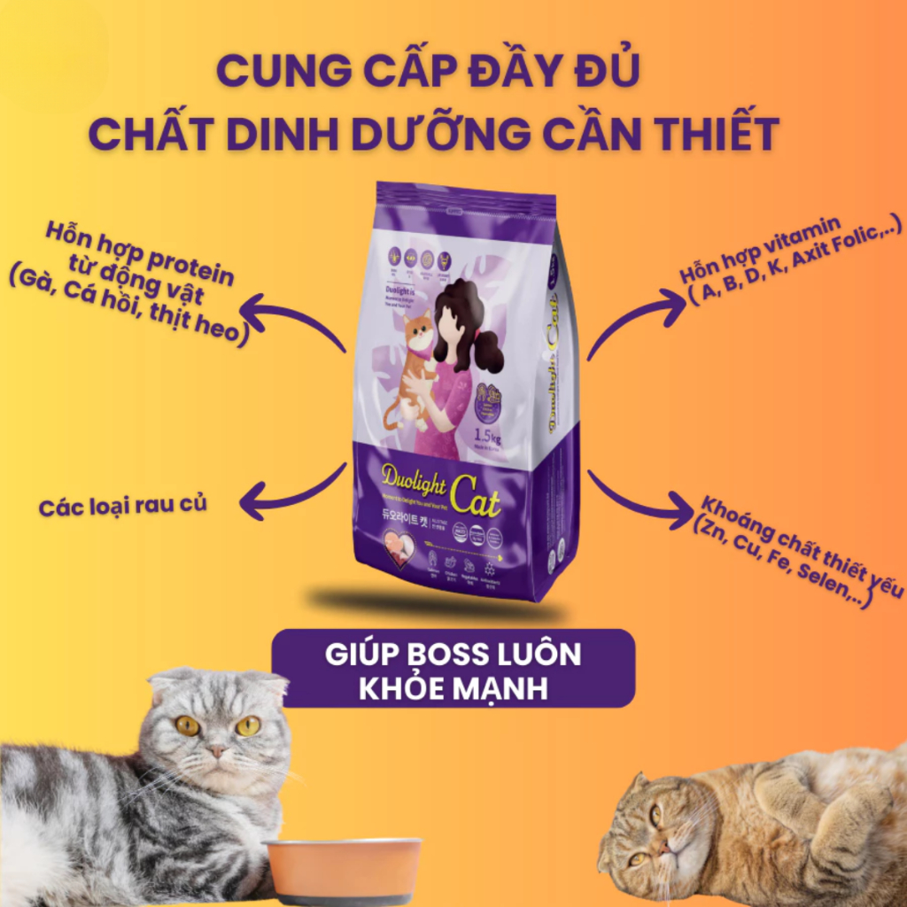Hạt Cho Mèo Duolight Cat 1kg - Thức Ăn Mèo Hỗ Trợ Tiết Niệu, Tiêu Hóa, Bóng Mượt Lông