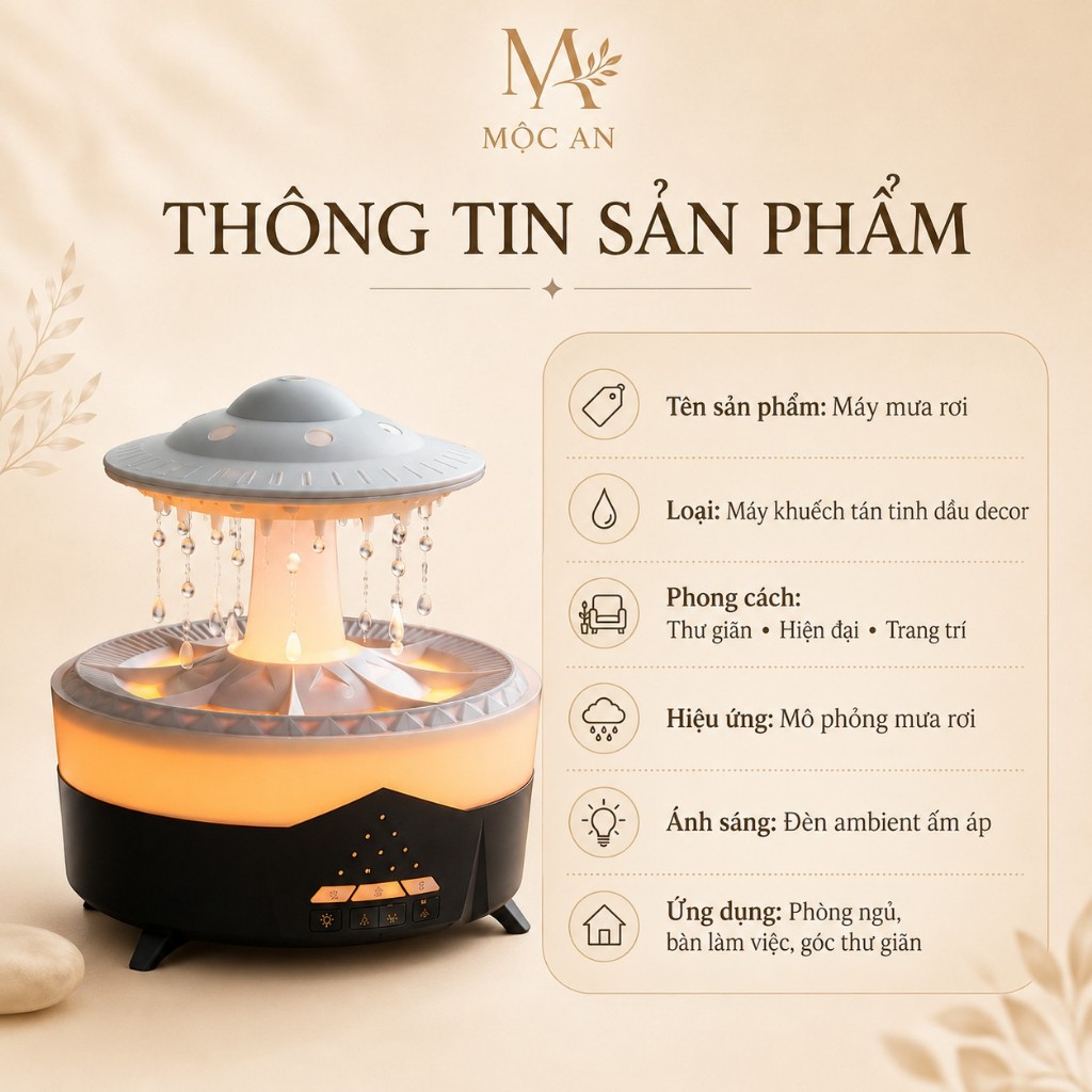 Máy khuếch tán tinh dầu mưa rơi 350ml Mộc An | Máy xông tinh dầu có remote, LED 7 màu, hẹn giờ tự ngắt