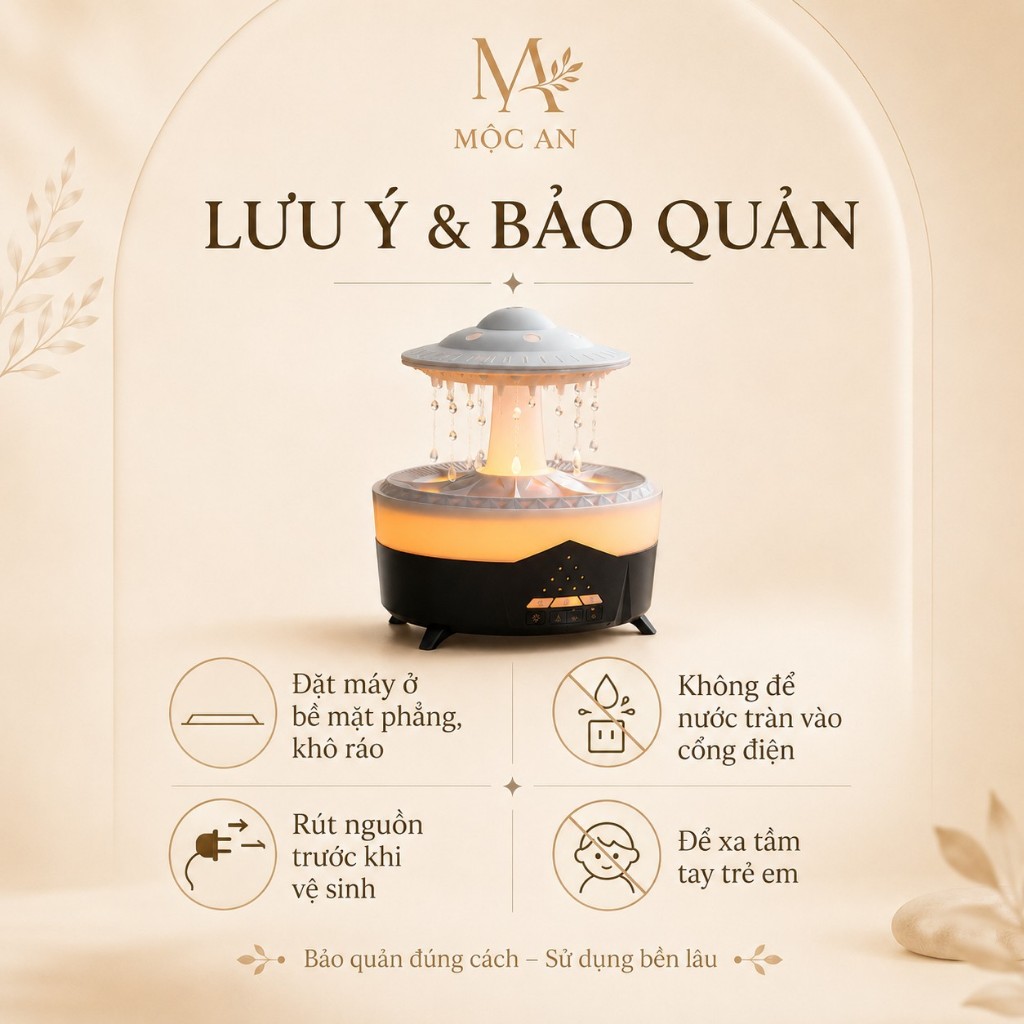 Máy khuếch tán tinh dầu mưa rơi 350ml Mộc An | Máy xông tinh dầu có remote, LED 7 màu, hẹn giờ tự ngắt