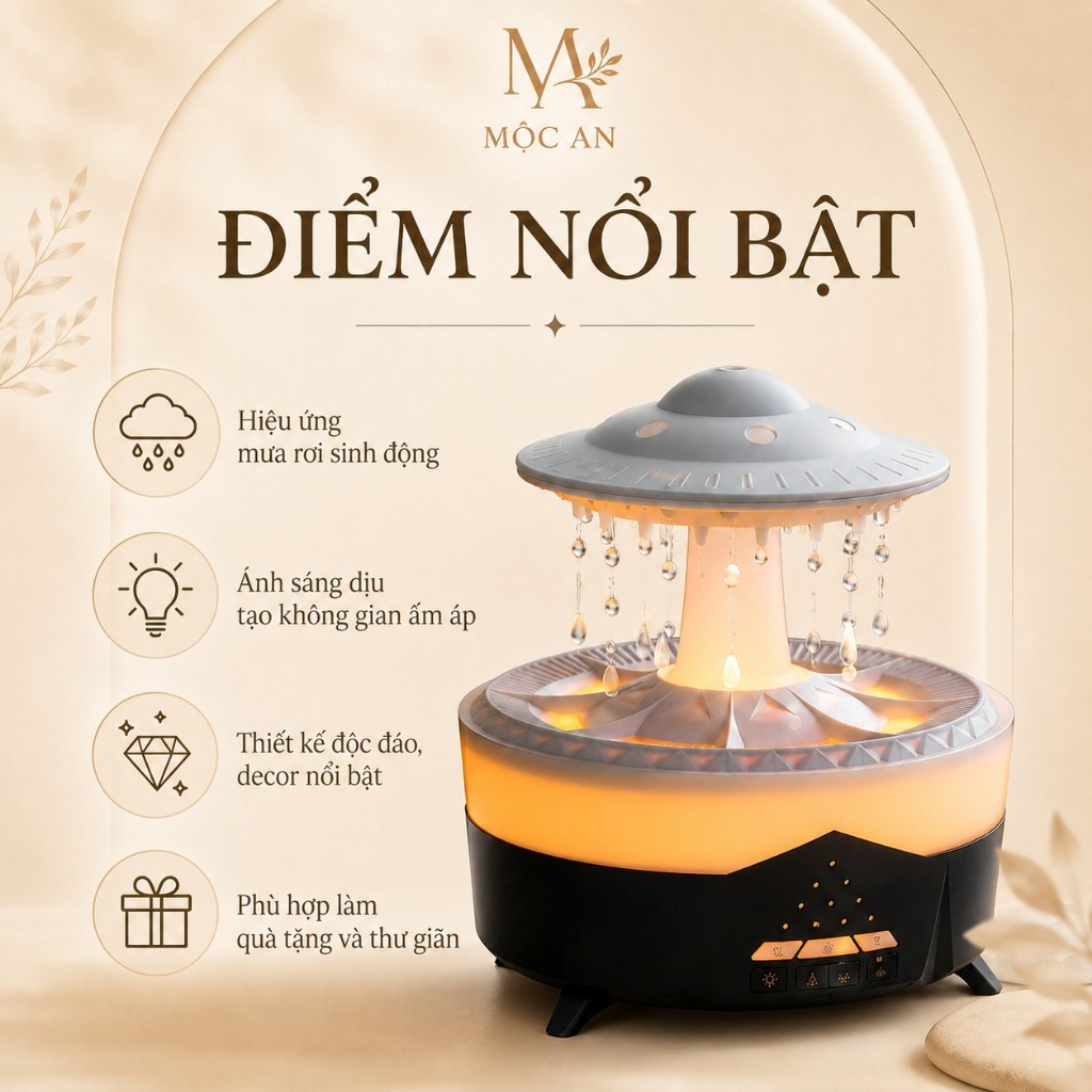 Máy khuếch tán tinh dầu mưa rơi 350ml Mộc An | Máy xông tinh dầu có remote, LED 7 màu, hẹn giờ tự ngắt