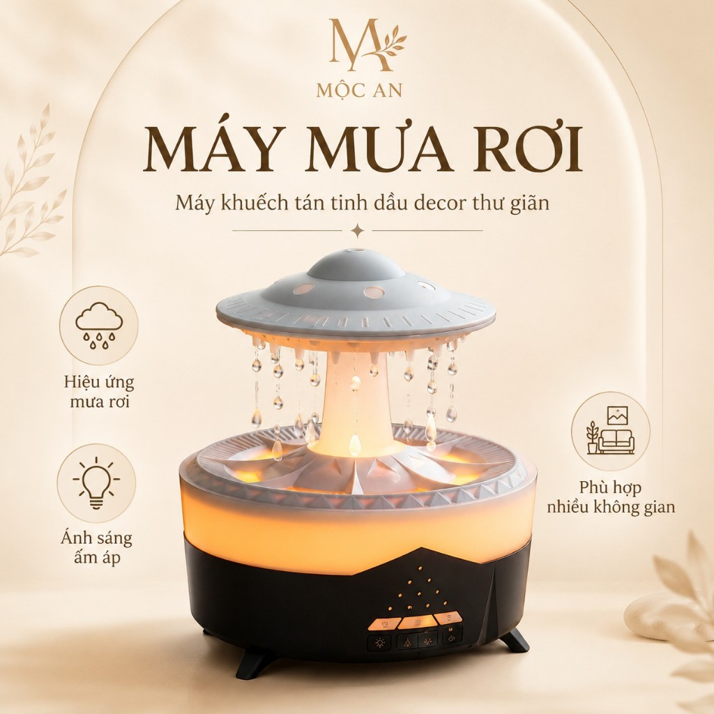 Máy khuếch tán tinh dầu mưa rơi 350ml Mộc An | Máy xông tinh dầu có remote, LED 7 màu, hẹn giờ tự ngắt