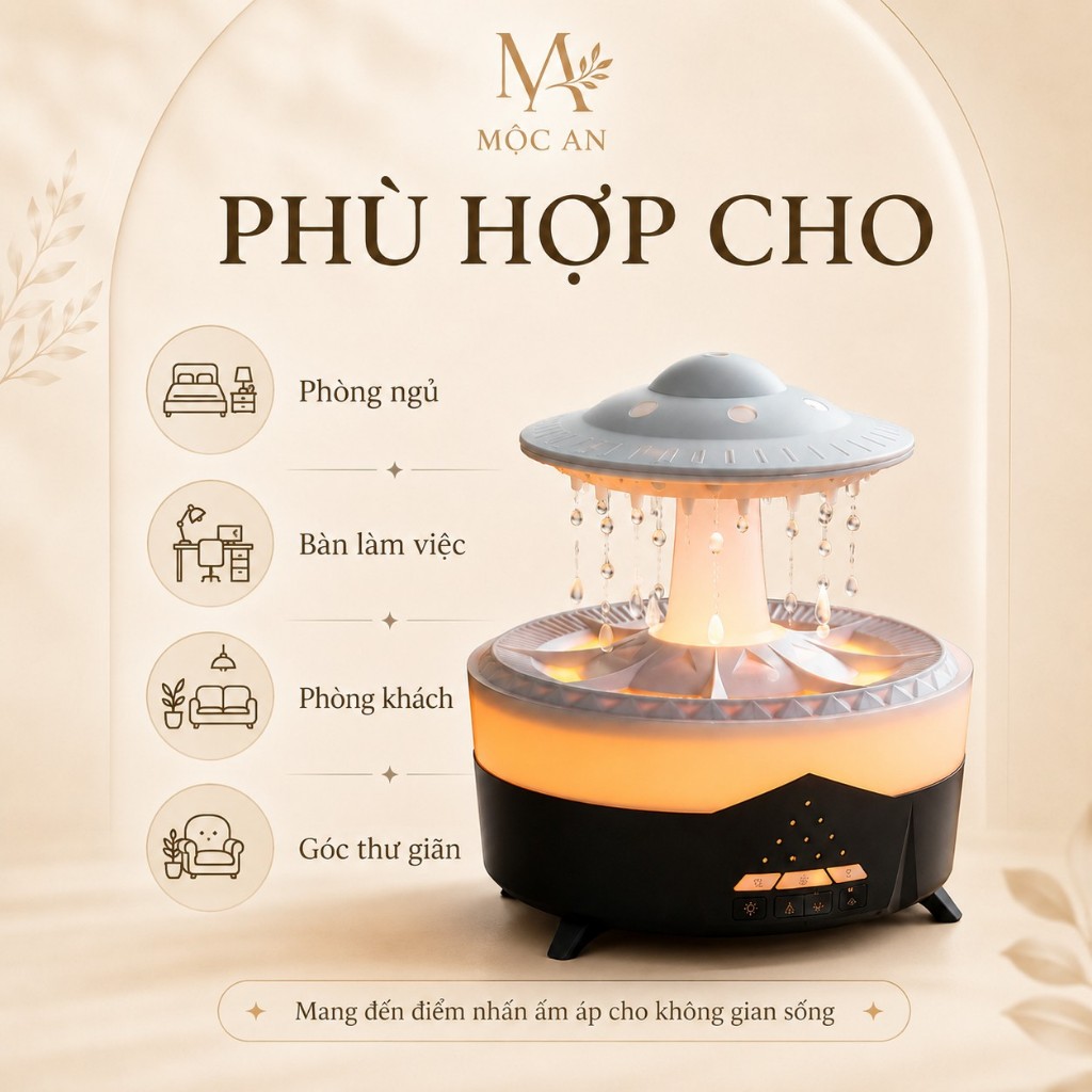 Máy khuếch tán tinh dầu mưa rơi 350ml Mộc An | Máy xông tinh dầu có remote, LED 7 màu, hẹn giờ tự ngắt