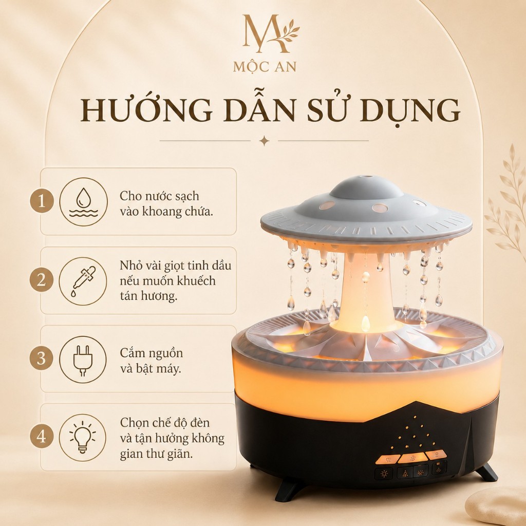 Máy khuếch tán tinh dầu mưa rơi 350ml Mộc An | Máy xông tinh dầu có remote, LED 7 màu, hẹn giờ tự ngắt