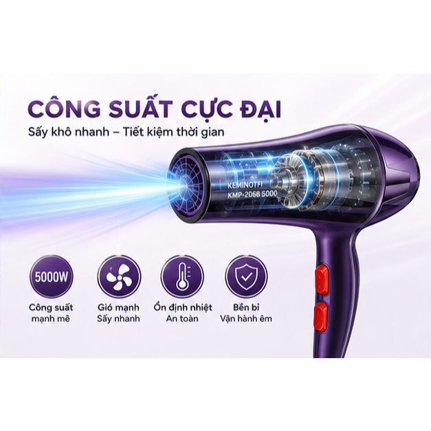 Máy sấy tóc chuyên nghiệp 5000W điều khiển nhiệt độ đa tốc độ gió có nắp sấy lược tạo kiểu cho tiệm cắt tóc tại nhà hai