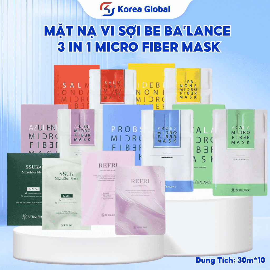 [Hộp 10 Miếng] Mặt Nạ Vải Vi Sợi Be'Balance Micro Fiber Mask 3in1 Hỗ Trợ Dưỡng Sáng & Làm Đẹp Da 30ml